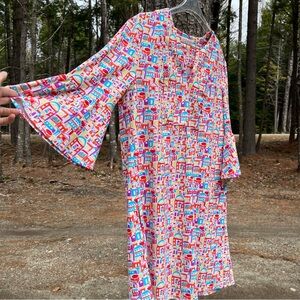 Jude Connally Colorful Geometric Mini Dress Flare Bell Sleeve VNeck Retro